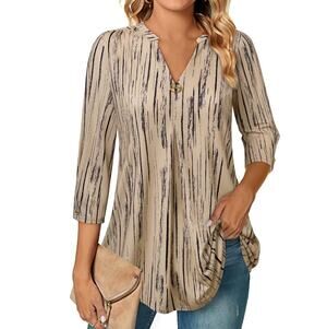New VALOLIA Women's Beige Stripe 3/4 Sleeve V Neck Casual Tunic Top Size XL